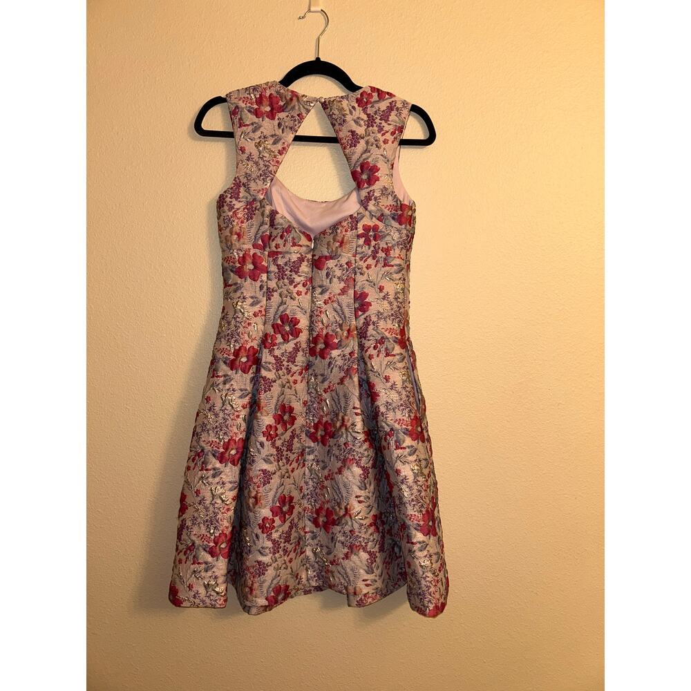 Aidan Mattox Floral Jacquard Dress 2 Pink Lilac Metallic Fit Flare Pockets Prom - Picture 10 of 13